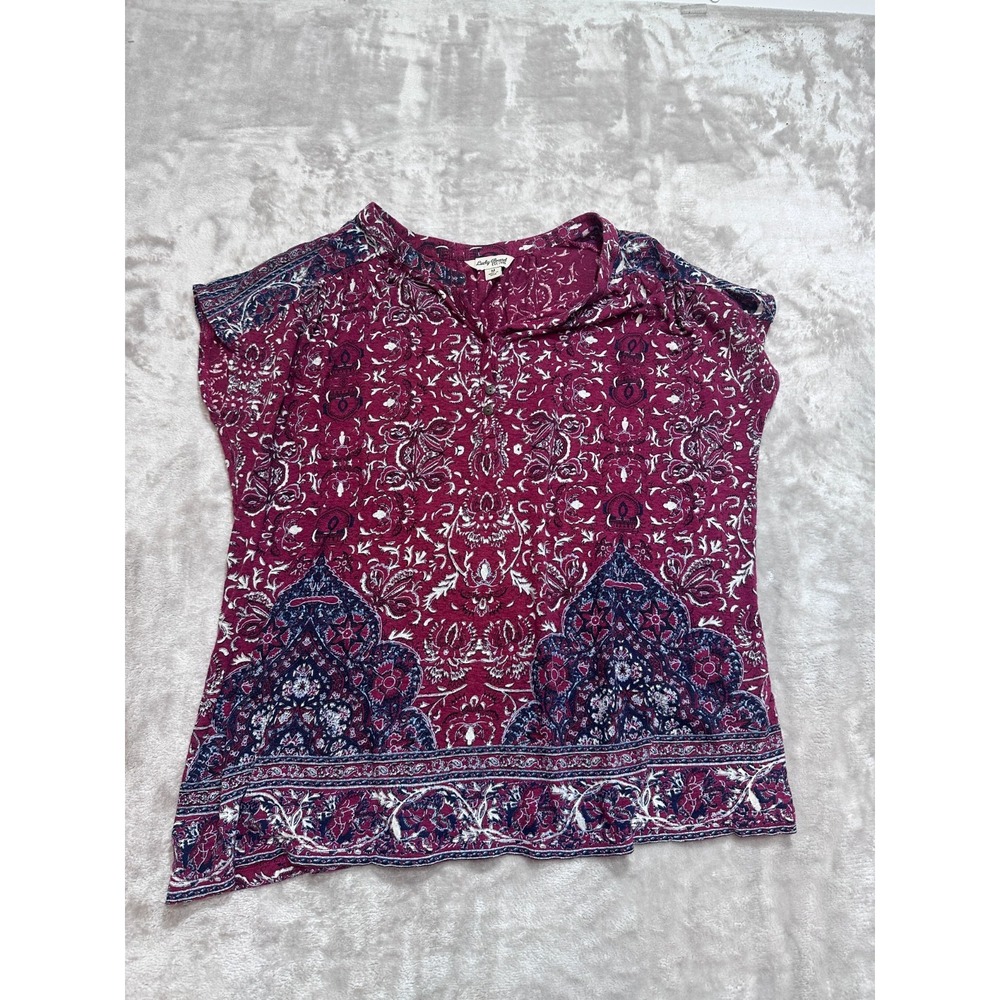 Lucky Brand Shirt Womens Size Medium Burgundy Paisley Linen Modal Split Neck Top